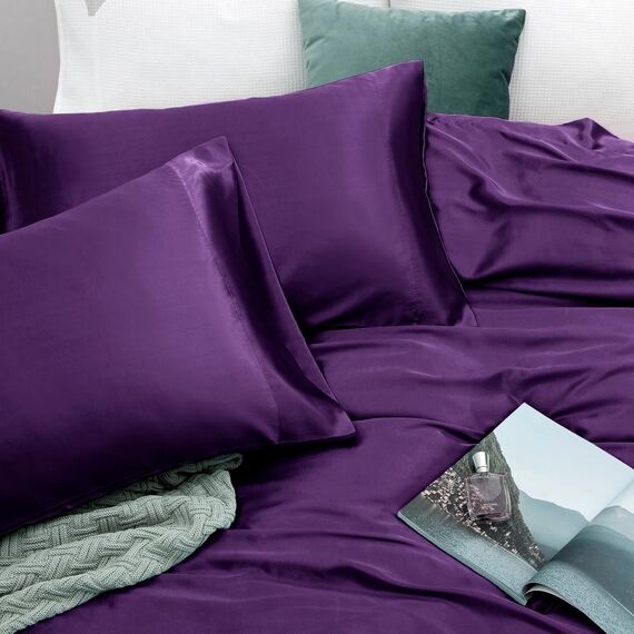 Vonty Satin-Bettlaken, Queen-Size-Größe, seidig weiches Satin-Bettwäsche-Set, 1 Spannbettlaken mit tiefen Taschen + 1 Bettlaken + 2 Kissenbezüge, Dunkelviolett, yuhuai231212-305