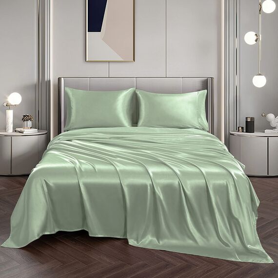 Vonty Satin-Bettlaken, seidig-weiches Satin, Seeglas-Bettlaken-Set, 1 Spannbettlaken mit tiefen Taschen + 1 Bettlaken + 2 Kissenbezüge