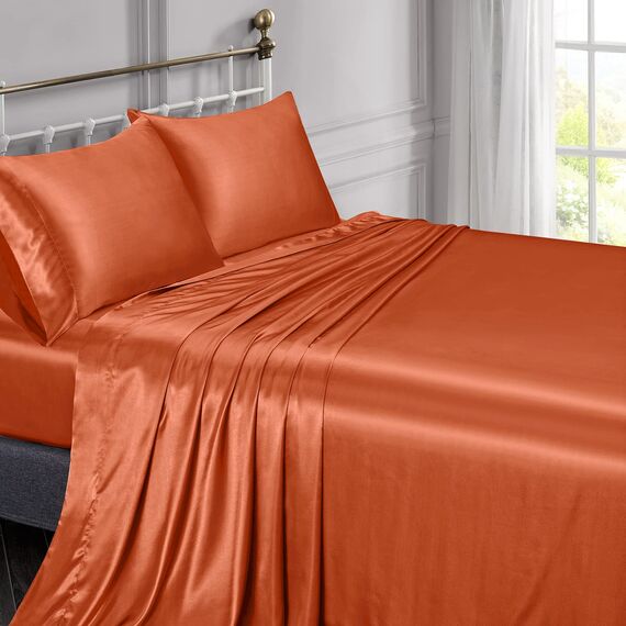 Vonty Satin-Bettlaken, Kingsize-Bett, seidig weiches Satin-Bettwäsche-Set, 1 tiefes Spannbetttuch + 1 Bettlaken + 2 Kissenbezüge, Burnt Orange