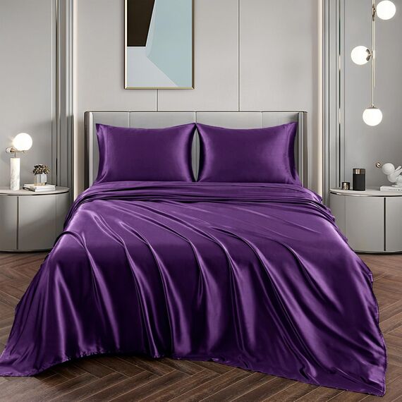 Vonty Satin-Bettlaken, Queen-Size-Größe, seidig weiches Satin-Bettwäsche-Set, 1 Spannbettlaken mit tiefen Taschen + 1 Bettlaken + 2 Kissenbezüge, Dunkelviolett, yuhuai231212-305