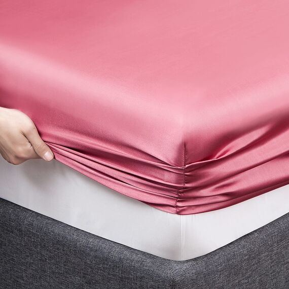 Vonty Satin-Bettlaken-Set, Queen-Size-Größe, seidig weiches Satin-Bettwäsche-Set, 1 Spannbettlaken mit tiefen Taschen + 1 Bettlaken + 2 Kissenbezüge, Hellweinrot
