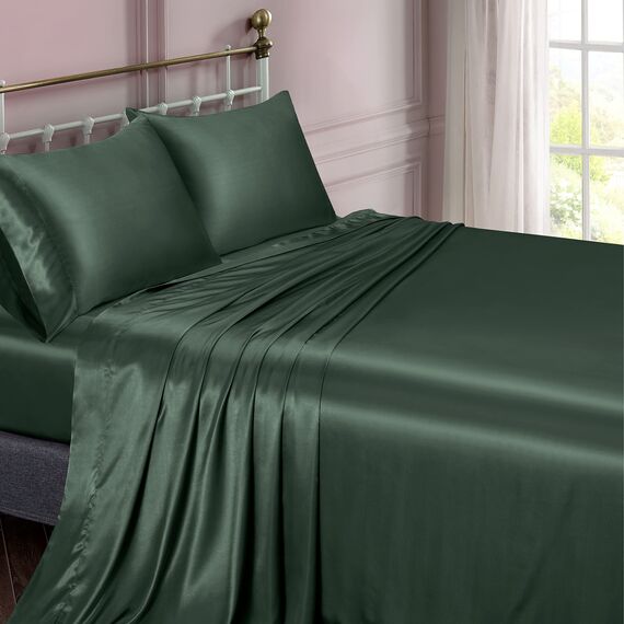 Vonty Satin-Bettlaken, seidig, weiches Satin-Bettwäsche-Set, Waldgrün, 1 Spannbettlaken mit tiefen Taschen + 1 Bettlaken + 2 Kissenbezüge