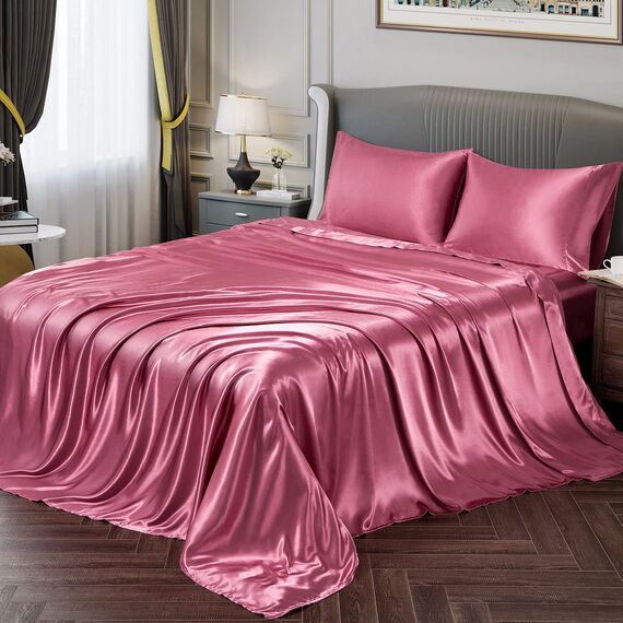Vonty Satin-Bettlaken-Set, Queen-Size-Größe, seidig weiches Satin-Bettwäsche-Set, 1 Spannbettlaken mit tiefen Taschen + 1 Bettlaken + 2 Kissenbezüge, Hellweinrot
