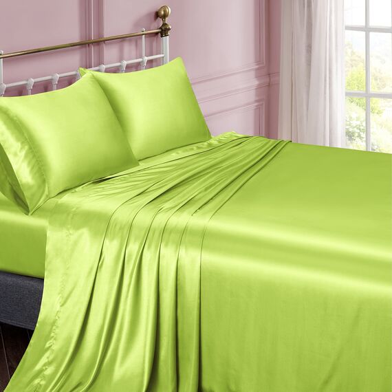 Vonty Satin-Bettlaken für Queensize-Bett, seidig weiches Satin, Limettengrün, 1 Spannbetttuch mit tiefer Tasche, 1 Bettlaken + 2 Kissenbezüge
