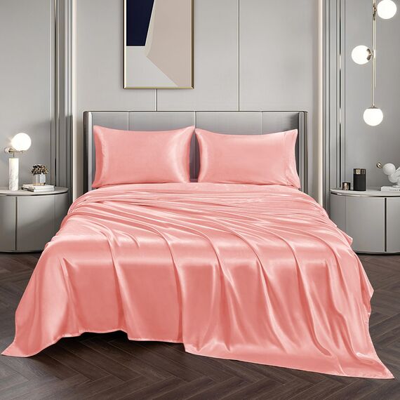Vonty Satin-Bettlaken für King-Size-Betten, seidig weiches Satin, Rouge-Pink, 1 Spannbetttuch mit tiefer Tasche, 1 Bettlaken + 2 Kissenbezüge
