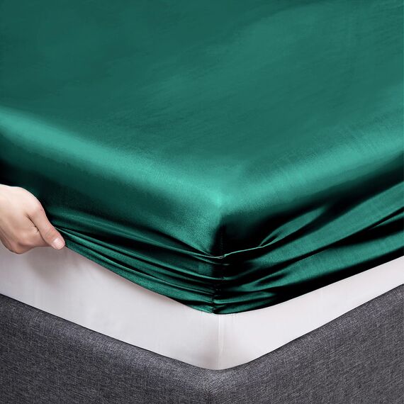 Vonty Satin-Bettlaken, volle Größe, seidig-weiches Satin-Bettwäsche-Set, 1 Spannbettlaken mit tiefen Taschen + 1 Bettlaken + 2 Kissenbezüge, Blaugrün
