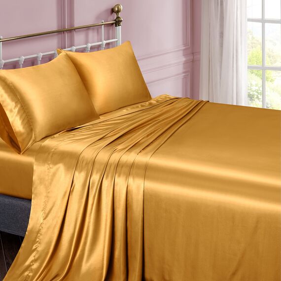 Vonty Satin-Bettlaken, seidig, weiches Satin-Bettwäsche-Set, 1 Spannbettlaken mit tiefen Taschen + 1 Bettlaken + 2 Kissenbezüge, Gelbgold, 1 Stück