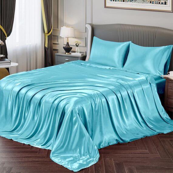 Vonty Satin-Bettlaken, volle Größe, seidig, weiches Satin-Bettwäsche-Set, 1 Spannbettlaken mit tiefen Taschen + 1 Bettlaken + 2 Kissenbezüge, Himmelblau