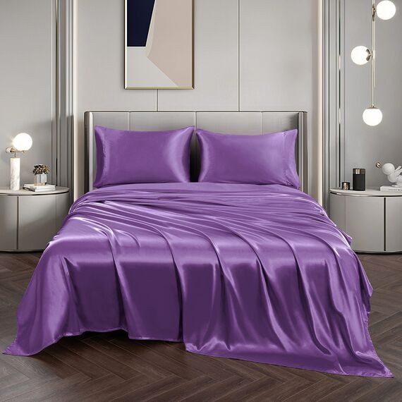 Vonty Satin-Bettlaken, seidig, weiches Satin-Bettwäsche-Set, 1 Spannbettlaken mit tiefen Taschen + 1 Bettlaken + 2 Kissenbezüge, Violett