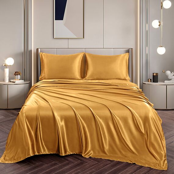 Vonty Satin-Bettlaken, seidig, weiches Satin-Bettwäsche-Set, 1 Spannbettlaken mit tiefen Taschen + 1 Bettlaken + 2 Kissenbezüge, Gelbgold, 1 Stück