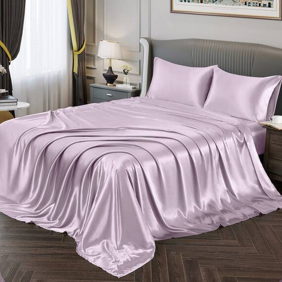 Vonty Satin-Bettlaken, volle Größe, seidig-weiches Satin, luxuriöses Lavendel-Bettwäsche-Set, 1 Spannbettlaken mit tiefen Taschen + 1 Bettlaken + 2 Kissenbezüge