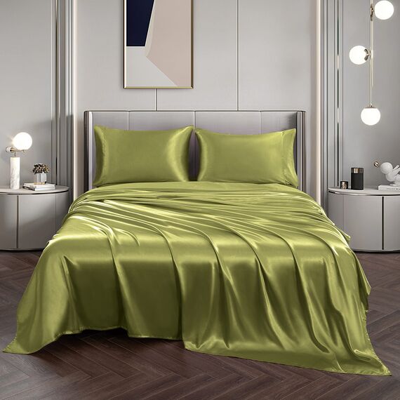 Vonty Satin-Bettlaken, seidig, weiches Satin-Bettwäsche-Set, 1 Spannbettlaken mit tiefen Taschen + 1 Bettlaken + 2 Kissenbezüge, Salbeigrün