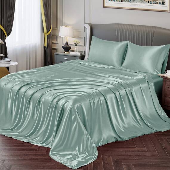 Vonty Satin-Bettwäsche-Set, seidig-weiches Satin, Mintgrün, 1 Spannbettlaken mit tiefen Taschen + 1 Bettlaken + 2 Kissenbezüge