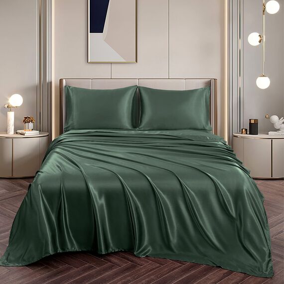 Vonty Satin-Bettlaken, seidig, weiches Satin-Bettwäsche-Set, Waldgrün, 1 Spannbettlaken mit tiefen Taschen + 1 Bettlaken + 2 Kissenbezüge