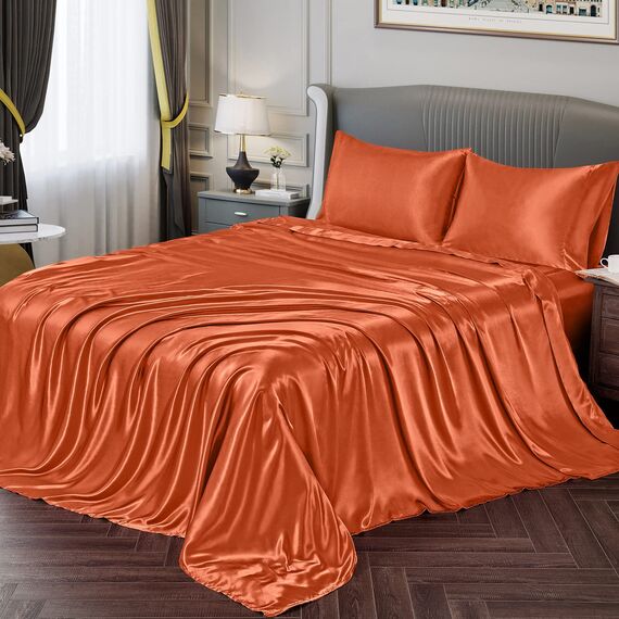 Vonty Satin-Bettlaken, Kingsize-Bett, seidig weiches Satin-Bettwäsche-Set, 1 tiefes Spannbetttuch + 1 Bettlaken + 2 Kissenbezüge, Burnt Orange