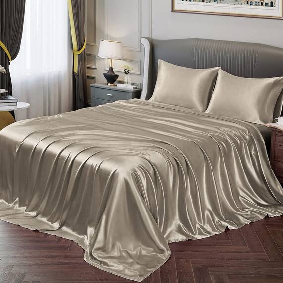Vonty Satin-Bettlaken, seidig-weiches Satin, Sandlaken-Set, 1 Spannbettlaken mit tiefen Taschen + 1 Bettlaken + 2 Kissenbezüge
