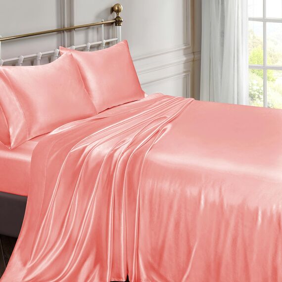 Vonty Satin-Bettlaken für King-Size-Betten, seidig weiches Satin, Rouge-Pink, 1 Spannbetttuch mit tiefer Tasche, 1 Bettlaken + 2 Kissenbezüge