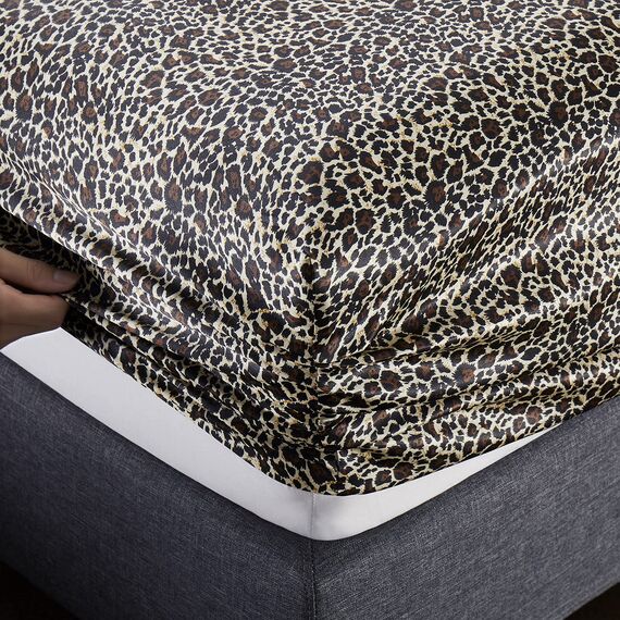 Vonty Satin-Bettlaken-Set, volle Größe, seidig, weich, Leopardenmuster, 1 Spannbettlaken mit tiefen Taschen + 1 Bettlaken + 2 Kissenbezüge