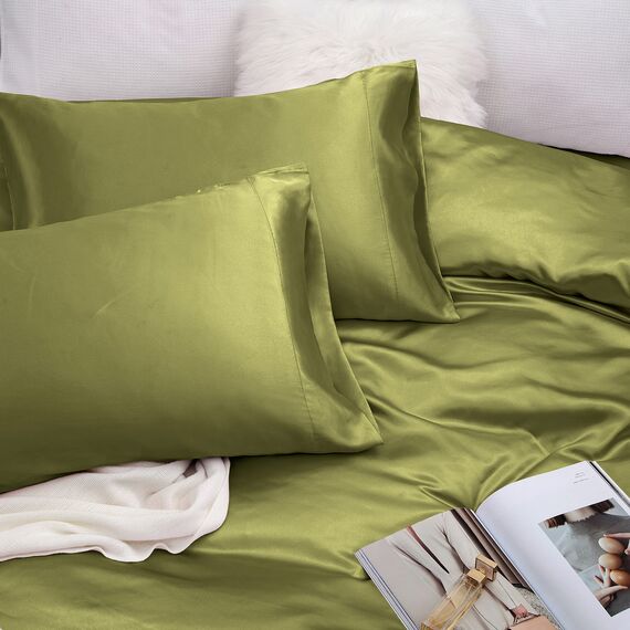 Vonty Satin-Bettlaken-Set, seidig-weiches Satin, Salbeigrün, 1 Spannbettlaken mit tiefen Taschen + 1 Bettlaken + 2 Kissenbezüge
