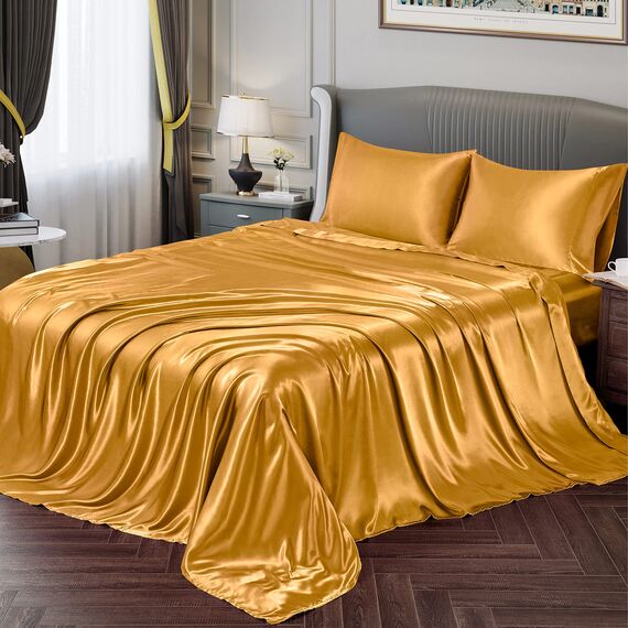 Vonty Satin-Bettlaken, seidig, weiches Satin-Bettwäsche-Set, 1 Spannbettlaken mit tiefen Taschen + 1 Bettlaken + 2 Kissenbezüge, Gelbgold, 1 Stück