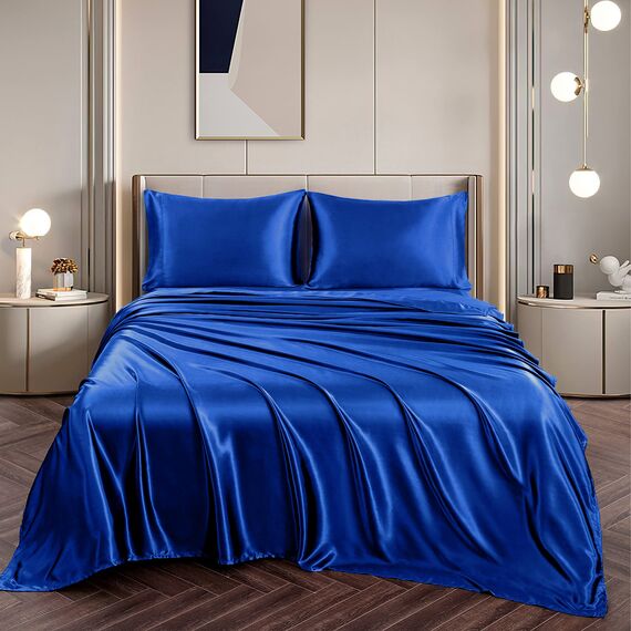 Vonty Satin-Bettlaken, seidig, weiches Satin-Bettwäsche-Set, Königsblau, 1 Spannbettlaken mit tiefen Taschen + 1 Bettlaken + 2 Kissenbezüge