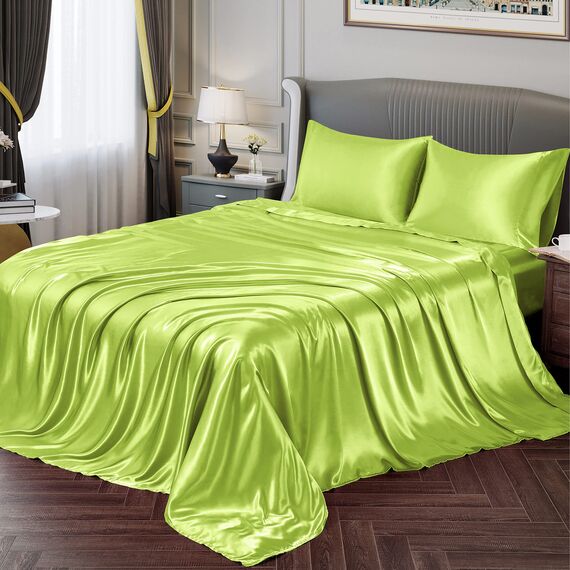 Vonty Satin-Bettlaken für Queensize-Bett, seidig weiches Satin, Limettengrün, 1 Spannbetttuch mit tiefer Tasche, 1 Bettlaken + 2 Kissenbezüge
