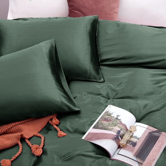 Vonty Satin-Bettlaken-Set für King-Size-Bett, seidig, weiches Satin-Bettwäsche-Set, 1 Spannbettlaken mit tiefen Taschen + 1 Bettlaken + 2 Kissenbezüge, Waldgrün