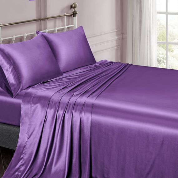 Vonty Satin-Bettlaken, seidig, weiches Satin-Bettwäsche-Set, 1 Spannbettlaken mit tiefen Taschen + 1 Bettlaken + 2 Kissenbezüge, Violett