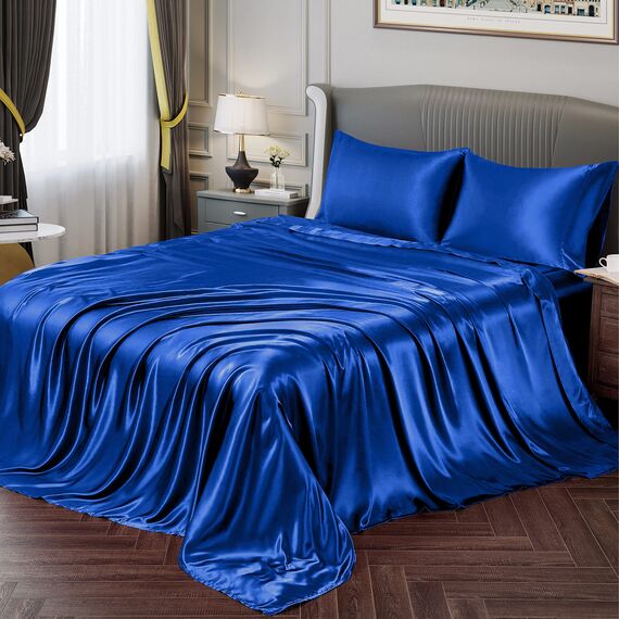 Vonty Satin-Bettlaken, seidig, weiches Satin-Bettwäsche-Set, Königsblau, 1 Spannbettlaken mit tiefen Taschen + 1 Bettlaken + 2 Kissenbezüge