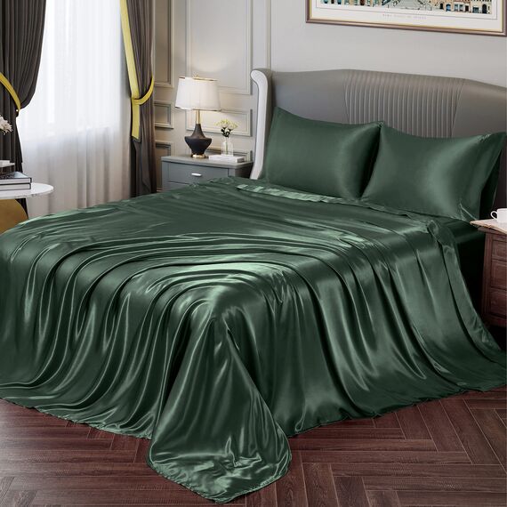 Vonty Satin-Bettlaken, seidig, weiches Satin-Bettwäsche-Set, Waldgrün, 1 Spannbettlaken mit tiefen Taschen + 1 Bettlaken + 2 Kissenbezüge