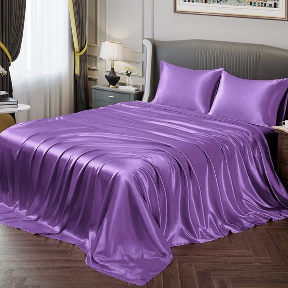 Vonty Satin-Bettlaken, seidig, weiches Satin-Bettwäsche-Set, 1 Spannbettlaken mit tiefen Taschen + 1 Bettlaken + 2 Kissenbezüge, Violett