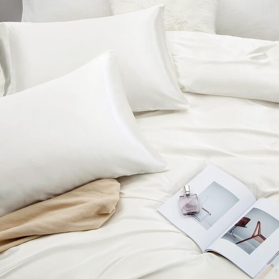 Vonty Satin-Bettlaken, Split-King-Size-Bett, seidig, weiches Satin-Bettwäsche-Set, 2 tiefe Spannbettlaken + 1 Bettlaken + 2 Kissenbezüge, Elfenbeinweiß