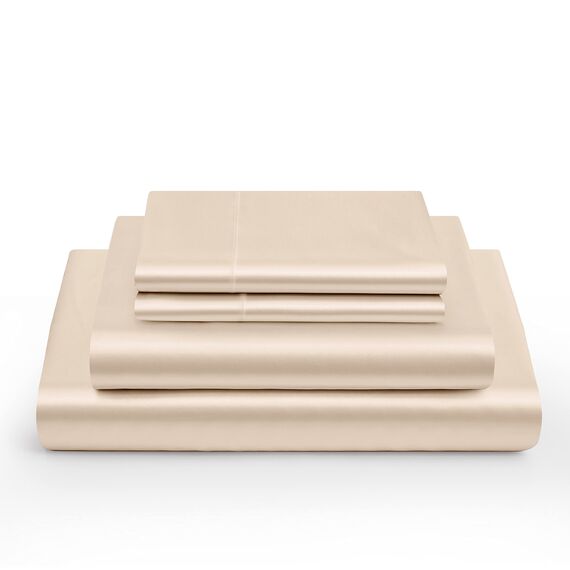 Vonty Bettwäsche-Set aus Satin, weich, seidig, 1 Spannbettlaken mit tiefer Spitze, 1 Bettlaken und 2 Kissenbezüge, beige, Kingsize-Größe