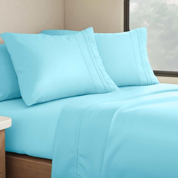 Clara Clark Premier 1800 Serie 4-teiliges Bettwäsche-Set für Queensize-Betten, luxuriös, weiche Bettlaken für Wohnmobil-Etagenbetten (kurzes Queen-Size-Bett), Strandblau