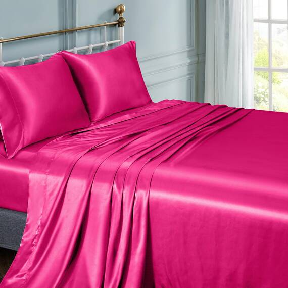 Vonty Satin-Bettwäsche-Set für Queen-Size-Bett, Hot Pink, 4-teilig (1 Spannbettlaken mit tiefen Taschen + 1 Bettlaken + 2 Kissenbezüge)