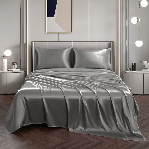 Vonty Satin Sheets King Silky Soft Satin Bed Sheets Misty Gray Satin Sheet Set, 1 Deep Pocket Fitted Sheet + 1 Flat Sheet + 2 Pillowcases