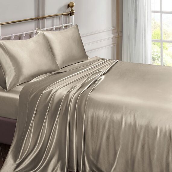 Vonty Satin Sheets King Silky Soft Satin Bed Sheets Sand Satin Sheet Set, 1 Deep Pocket Fitted Sheet + 1 Flat Sheet + 2 Pillowcases