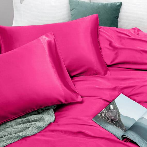 Vonty Satin-Bettwäsche-Set für Queen-Size-Bett, Hot Pink, 4-teilig (1 Spannbettlaken mit tiefen Taschen + 1 Bettlaken + 2 Kissenbezüge)