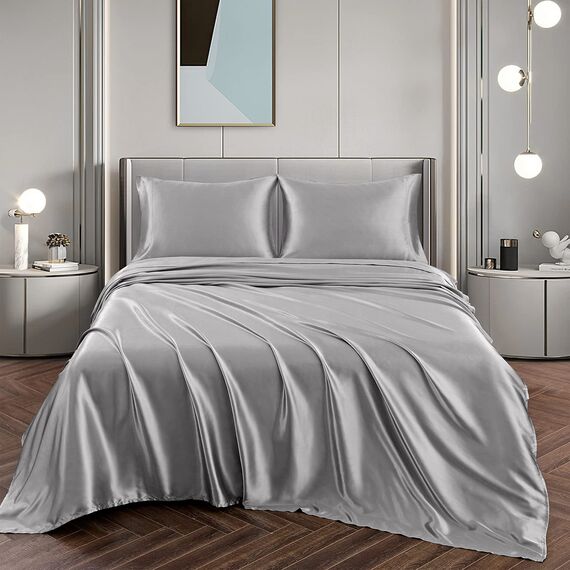Vonty Satin-Bettwäsche für Kingsize-Betten, 180 x 200 cm, Silbergrau, 1 tiefes Spannbetttuch + 1 Bettlaken + 2 Kissenbezüge