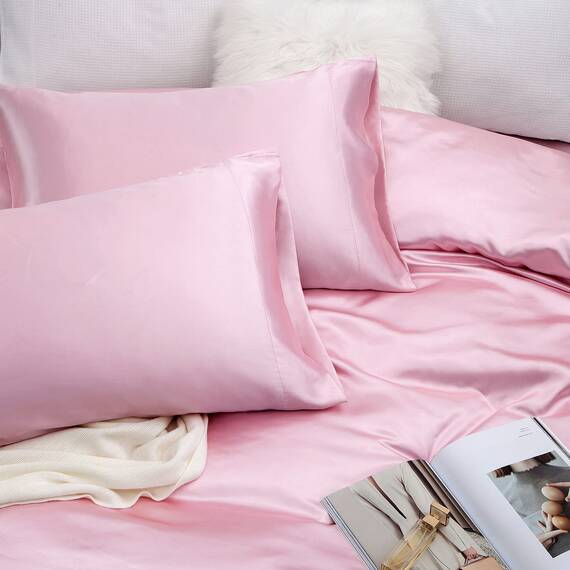 Vonty Satin-Bettwäsche-Set, weich, seidig, Kingsize-Bett (180 x 200 cm), Rosa, 1 tiefes Spannbetttuch + 1 Bettlaken + 2 Kissenbezüge