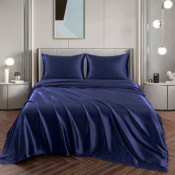 Vonty Satin-Bettlaken-Set, für King-Size-Betten, seidig, weiches Satin-Bettwäsche-Set, 1 Spannbettlaken mit tiefen Taschen + 1 Bettlaken + 2 Kissenbezüge, Marineblau