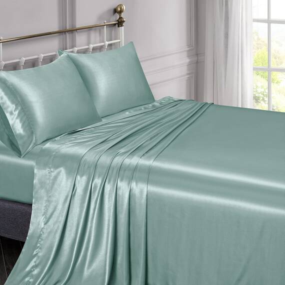 Vonty Satin-Bettlaken-Set, für Doppelbett, Mintgrün, 1 Spannbettlaken mit tiefen Taschen + 1 Bettlaken + 2 Kissenbezüge