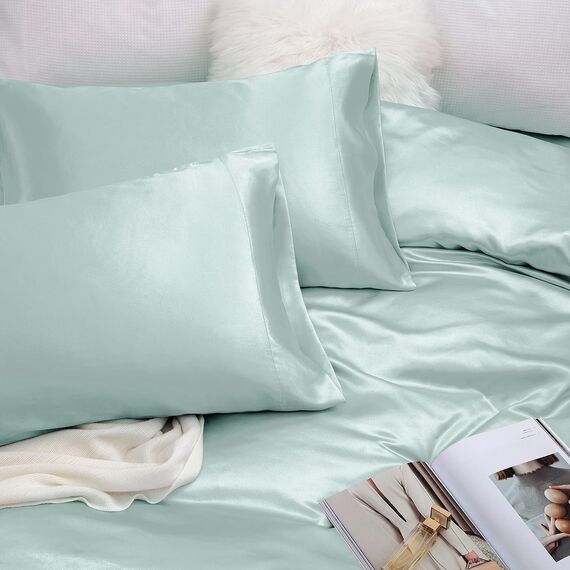 Vonty Satin Sheets King Silky Soft Satin Bed Sheets Ice Blue Satin Sheet Set, 1 Deep Pocket Fitted Sheet + 1 Flat Sheet + 2 Pillowcases