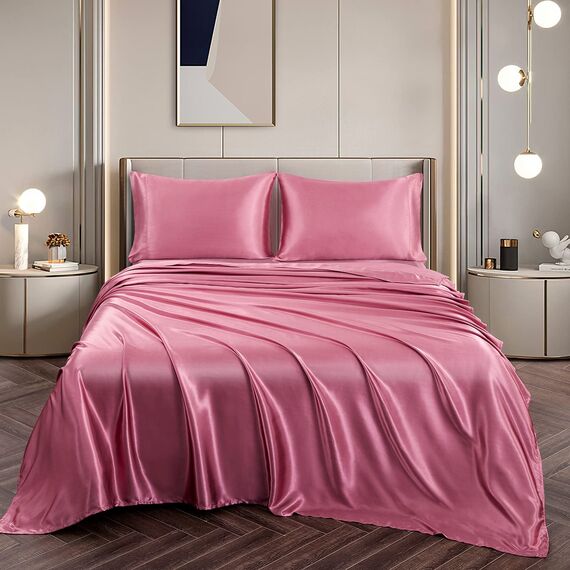 Vonty Satin-Bettlaken-Set für King-Size-Bett, seidig weiches Satin-Bettwäsche-Set, 1 Spannbettlaken mit tiefen Taschen + 1 Bettlaken + 2 Kissenbezüge, Hellweinrot
