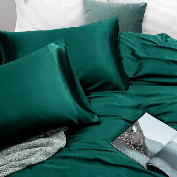 Vonty Satin-Bettlaken-Set, für Kingsize-Bett, seidig, weiches Satin-Bettwäsche-Set, 1 Spannbettlaken mit tiefen Taschen + 1 Bettlaken + 2 Kissenbezüge, Blaugrün