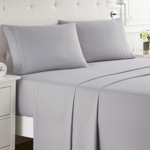 Clara Clark California King Bettwäsche-Set mit tiefen Taschen für Cal King Size Bett, 4-teiliges Bettlaken-Set, extra weiche Bettwäsche und Kissenbezüge, Cal King Grey Lavender