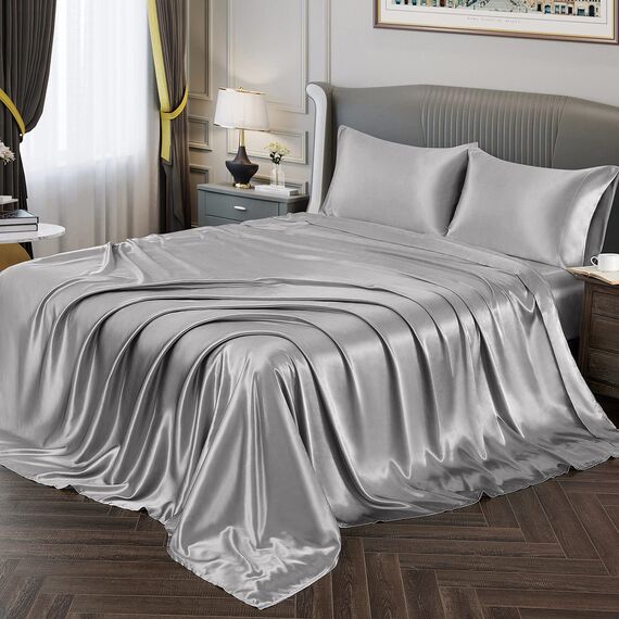 Vonty Satin-Bettwäsche für Kingsize-Betten, 180 x 200 cm, Silbergrau, 1 tiefes Spannbetttuch + 1 Bettlaken + 2 Kissenbezüge