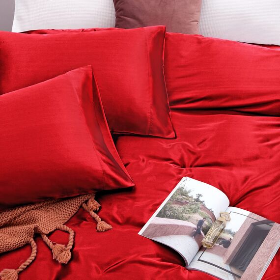 Vonty Satin-Bettlaken-Set für King-Size-Bett, seidig, weiches Satin-Bettwäsche-Set, 1 Spannbettlaken mit tiefen Taschen + 1 Bettlaken + 2 Kissenbezüge, Rot