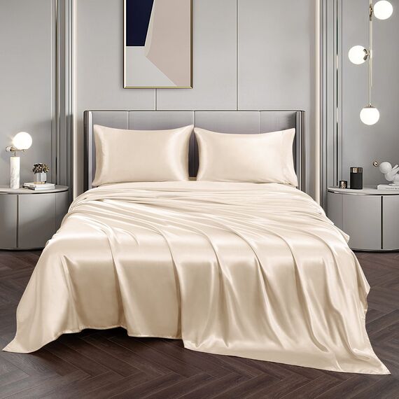 Vonty Bettwäsche-Set aus Satin, weich, seidig, 1 Spannbettlaken mit tiefer Spitze, 1 Bettlaken und 2 Kissenbezüge, beige, Kingsize-Größe