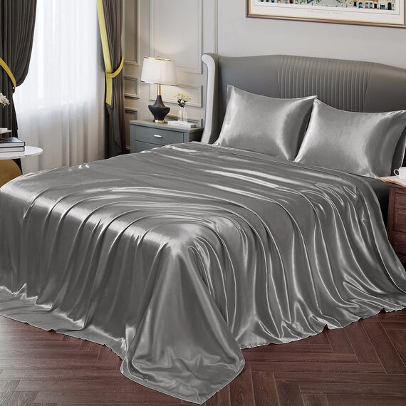Vonty Satin Sheets King Silky Soft Satin Bed Sheets Misty Gray Satin Sheet Set, 1 Deep Pocket Fitted Sheet + 1 Flat Sheet + 2 Pillowcases